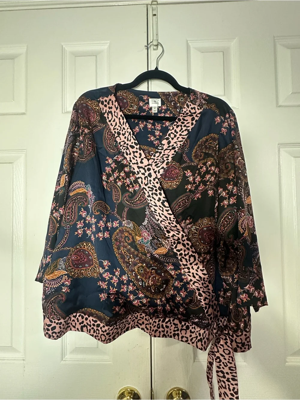 2X Boho Paisley Leopard Print Wrap Tie Waist Tunic Blouse